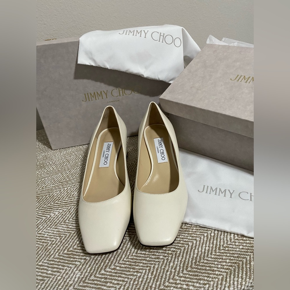 Jimmy Choo Rydea 45 Patent Pump, Brand Size 37.5 (US 7.5)  Nappa Leather/Latte